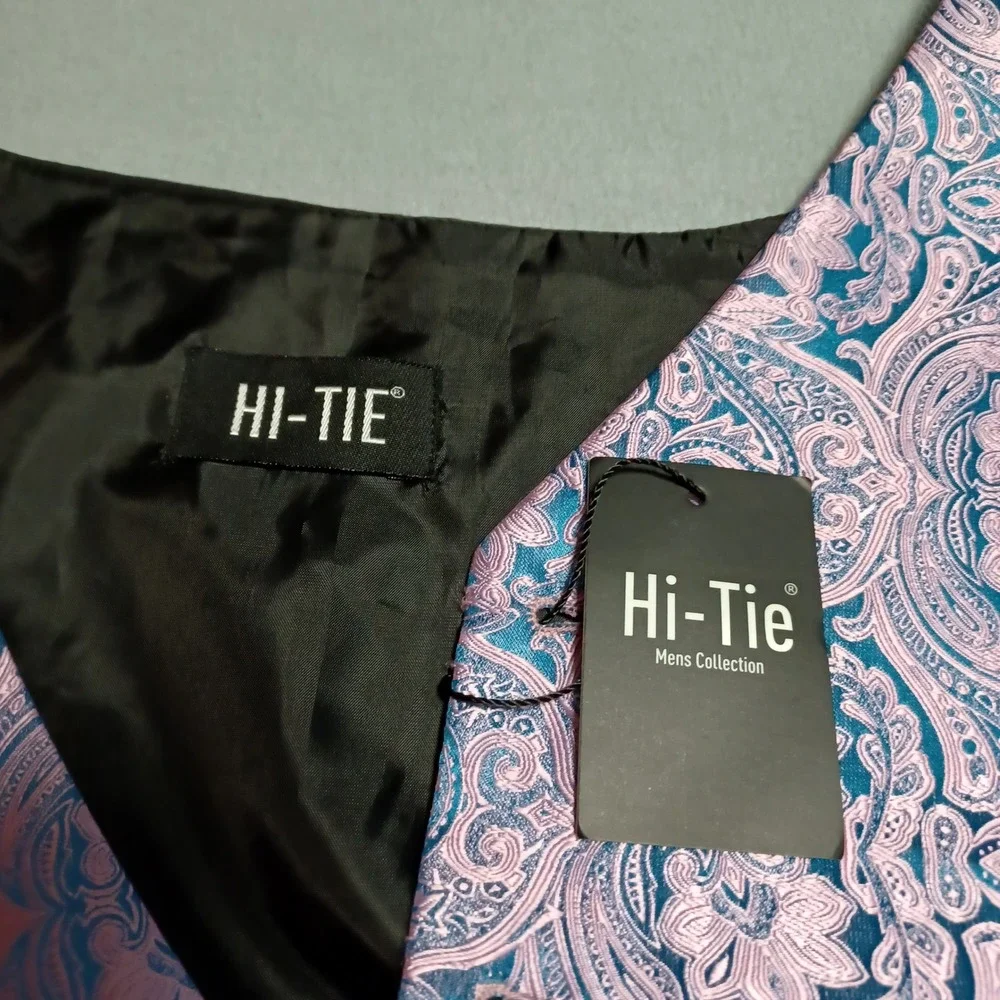 Hi-Tie Vest Mens 3XL Pink Blue Paisley Jacquard Formal Waistcoat Adjustable Back